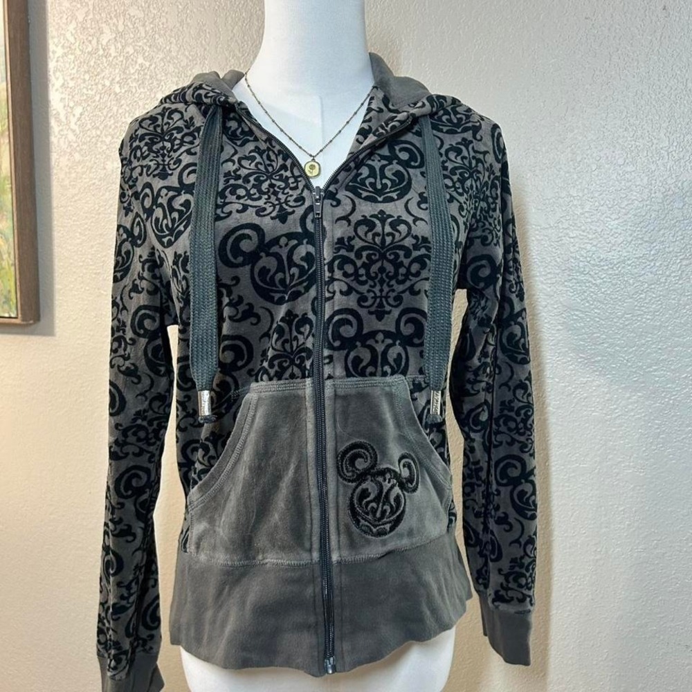 Disney Parks Mickey Velour Hoodie Gray Black Damask Y2K Juicy Style - Size S